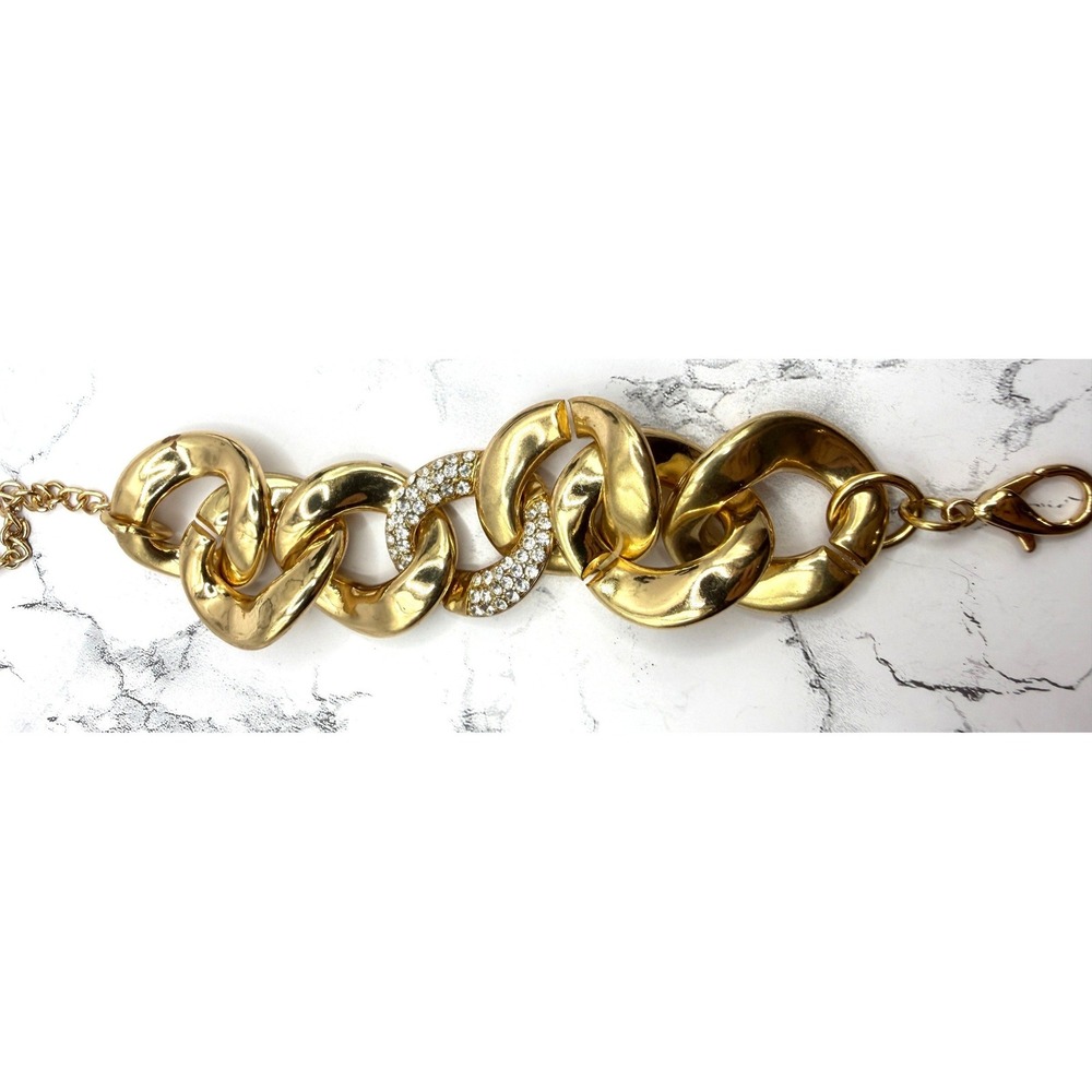 Chunky Gold Link Bracelet‎ Rhinestone Accent Adjustable Statement 7-9"